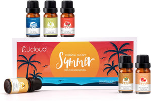 JCLOUD Summer Fragrance Oils Set | Hotel Collection Diffuser Oil & Home Luxury Scents - Gift Set of 6 Summer Essential Oil for Diffusers for Home, Fresh Citrus, Tropical Fruity & Clean Aquatic, 6x10mL