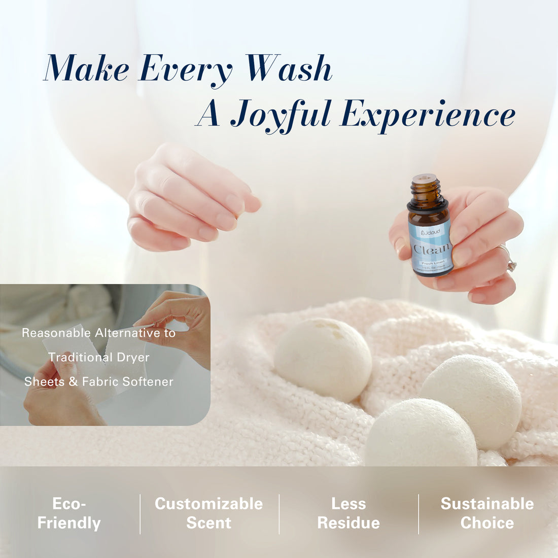JCLOUD Essential Oils for Laundry, Clean Scent Fragrance Oils Set, Use with Wool Dryer Balls - Fresh Linen, Soft Laundry, Warm Cotton Essential Oils for Diffusers for Home, Natural Fresh Scent, 6x10mL
