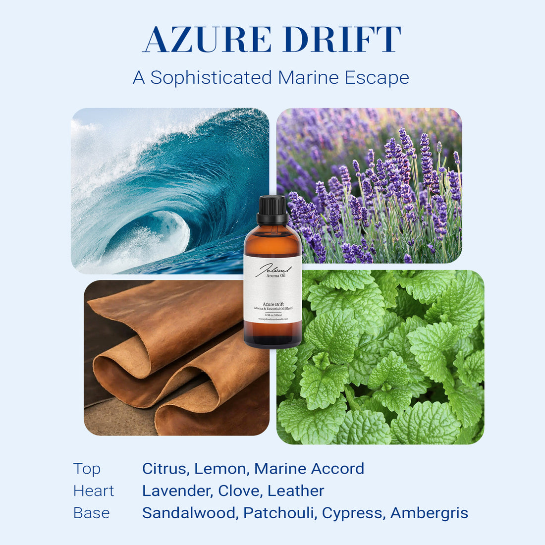 JCLOUD Azure Drift Hotel Diffuser Oil, Luxury Diffuser Oils Scents for Home, Natural Essential Oils for Cold-Air & Ultrasonic Diffuser Aromatherapy, Long Lasting Home Fragrance – 3.38 Fl Oz, 100mL