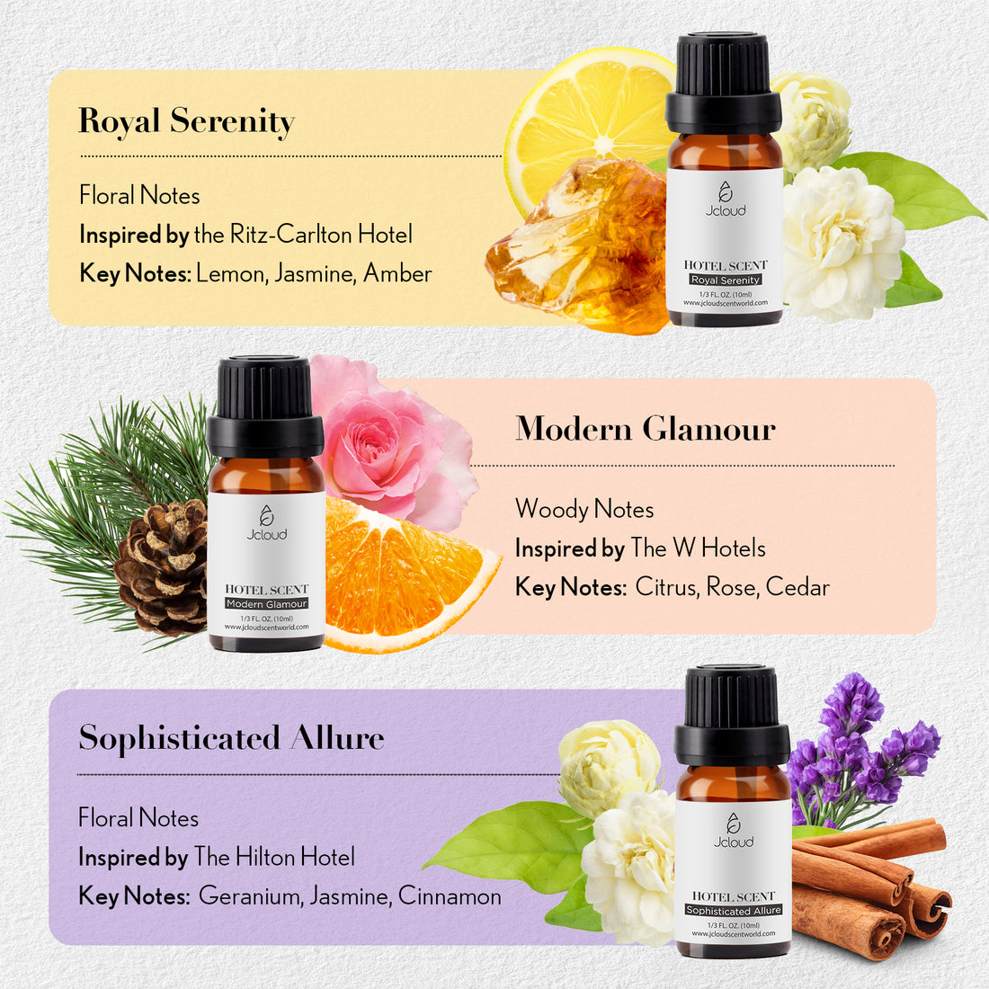 JCLOUD Hotel Collection Diffuser Oils Set | Top 6 Luxury Hotel Inspired Essential Oils for Diffuser for Home, Pure Aromatherapy Diffuser Oil Gift Set, Home Luxury & Hotel Scents for Diffuser - 6x10mL