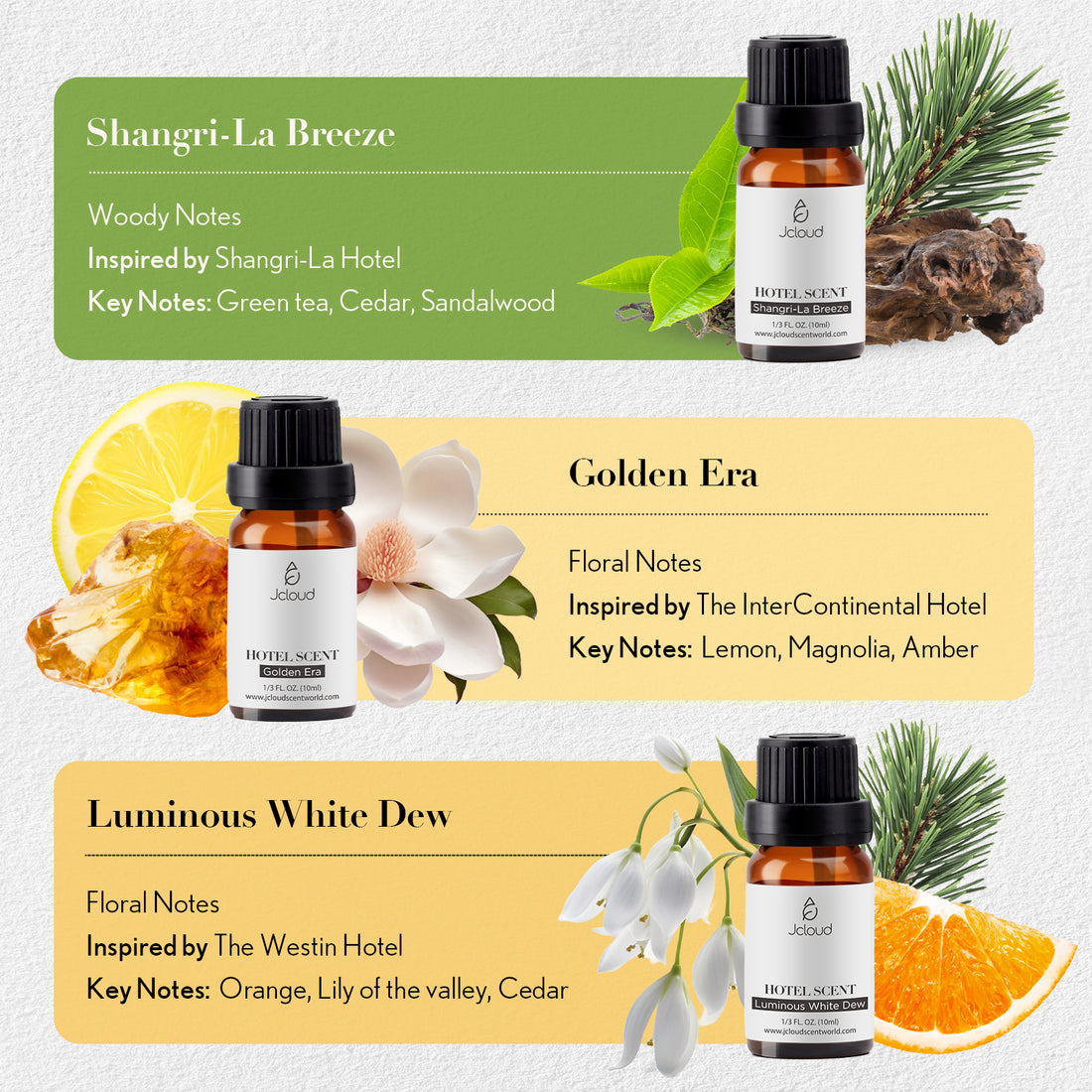 JCLOUD Hotel Collection Diffuser Oils Set | Top 6 Luxury Hotel Inspired Essential Oils for Diffuser for Home, Pure Aromatherapy Diffuser Oil Gift Set, Home Luxury & Hotel Scents for Diffuser - 6x10mL
