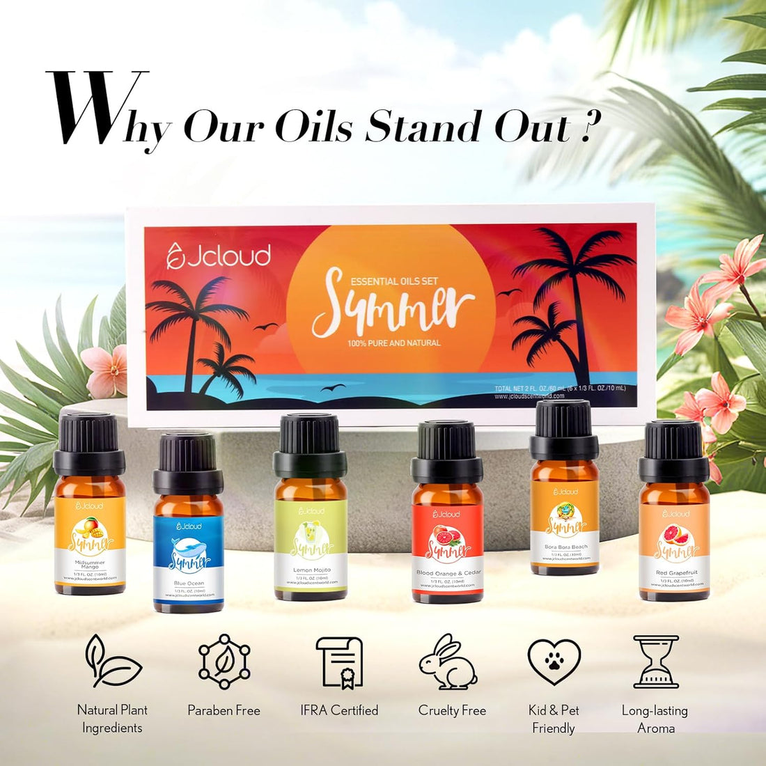JCLOUD Summer Fragrance Oils Set | Hotel Collection Diffuser Oil & Home Luxury Scents - Gift Set of 6 Summer Essential Oil for Diffusers for Home, Fresh Citrus, Tropical Fruity & Clean Aquatic, 6x10mL