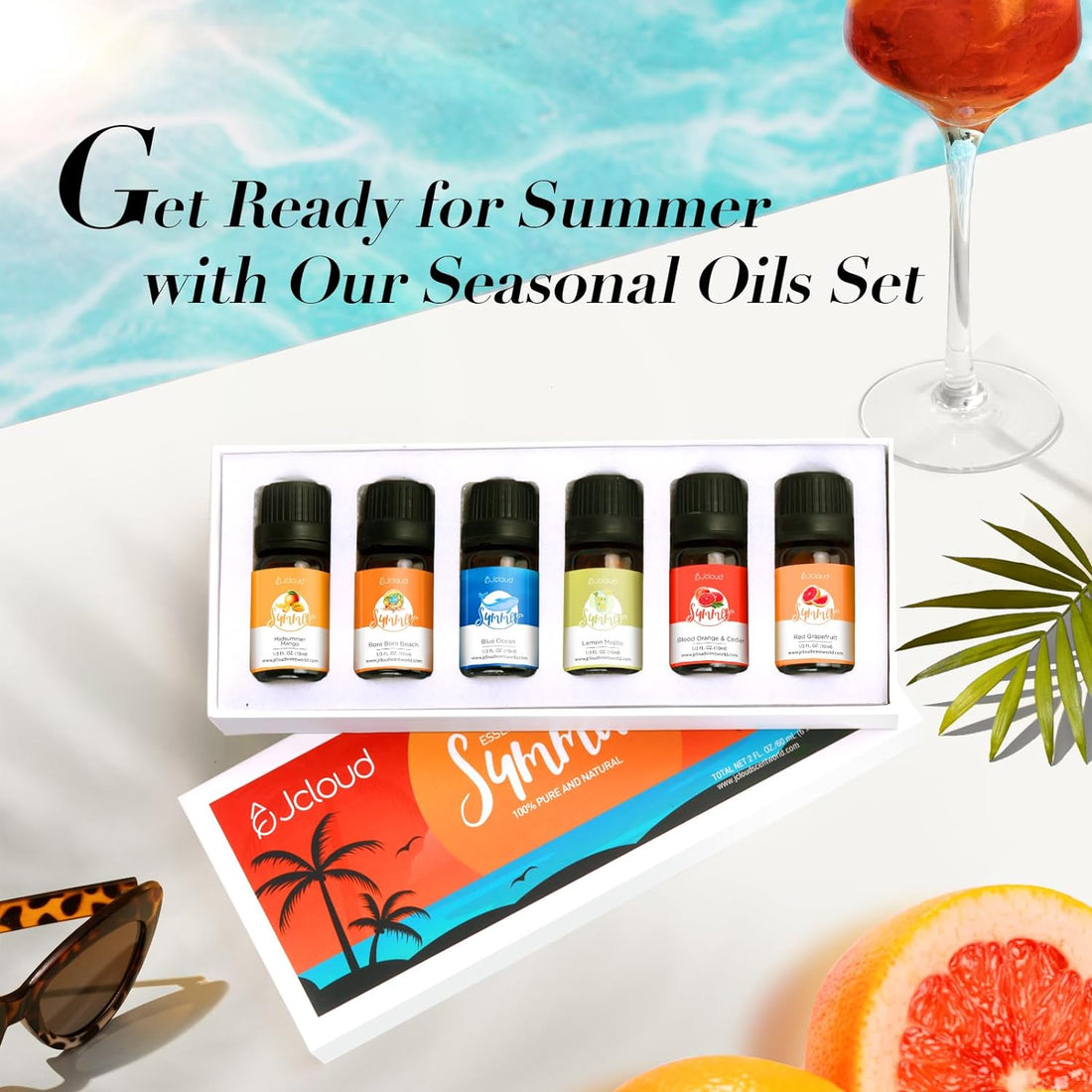 JCLOUD Summer Fragrance Oils Set | Hotel Collection Diffuser Oil & Home Luxury Scents - Gift Set of 6 Summer Essential Oil for Diffusers for Home, Fresh Citrus, Tropical Fruity & Clean Aquatic, 6x10mL