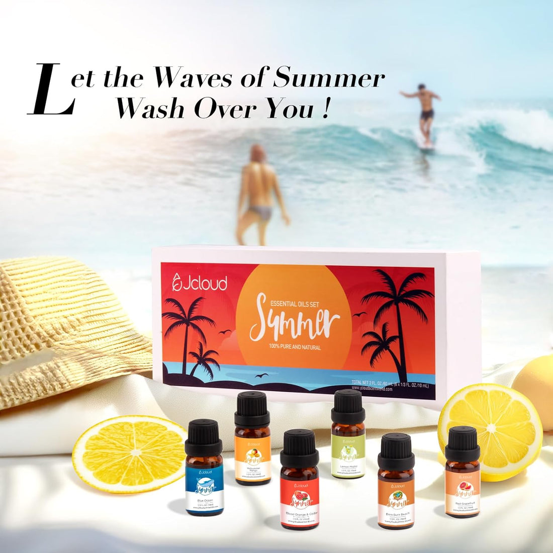 JCLOUD Summer Fragrance Oils Set | Hotel Collection Diffuser Oil & Home Luxury Scents - Gift Set of 6 Summer Essential Oil for Diffusers for Home, Fresh Citrus, Tropical Fruity & Clean Aquatic, 6x10mL