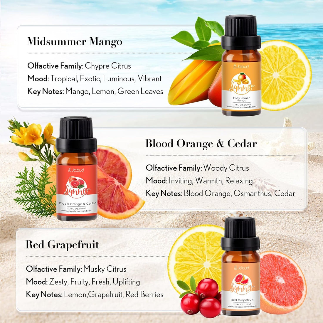 JCLOUD Summer Fragrance Oils Set | Hotel Collection Diffuser Oil & Home Luxury Scents - Gift Set of 6 Summer Essential Oil for Diffusers for Home, Fresh Citrus, Tropical Fruity & Clean Aquatic, 6x10mL